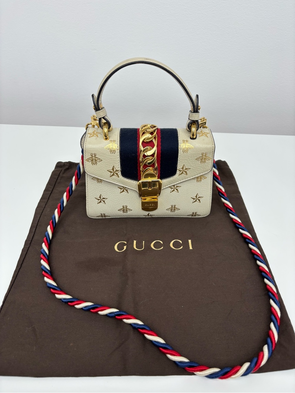 Gucci Shlvie Bee Star Mini Top Handle Bag with Navy and Red Web & Gold Hardware